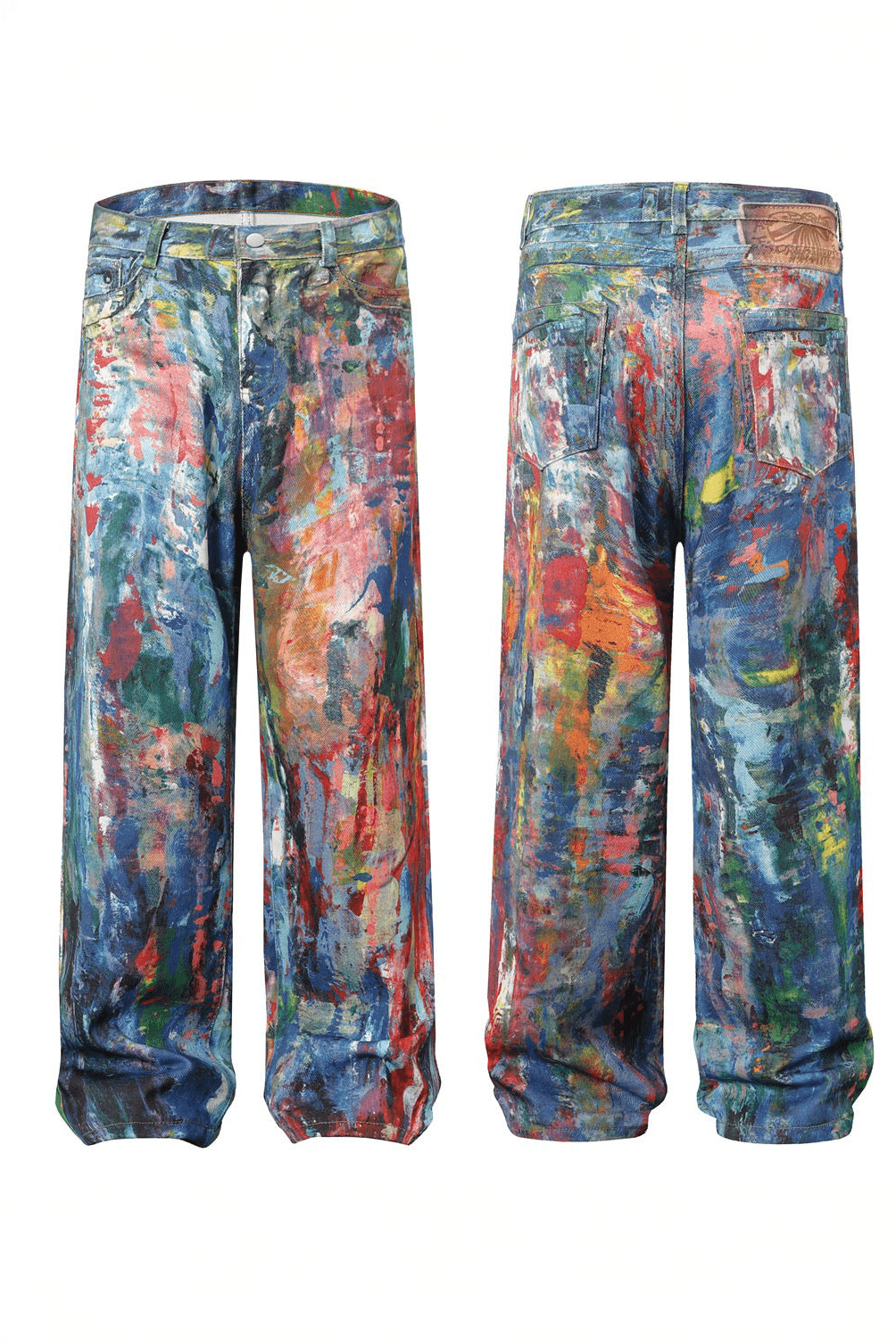 Unisex Colorblock Denim - Oil Painting Effect Relaxed Fit Pants - 4inme
