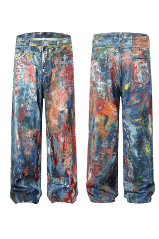 Unisex Colorblock Denim - Oil Painting Effect Relaxed Fit Pants - 4inme