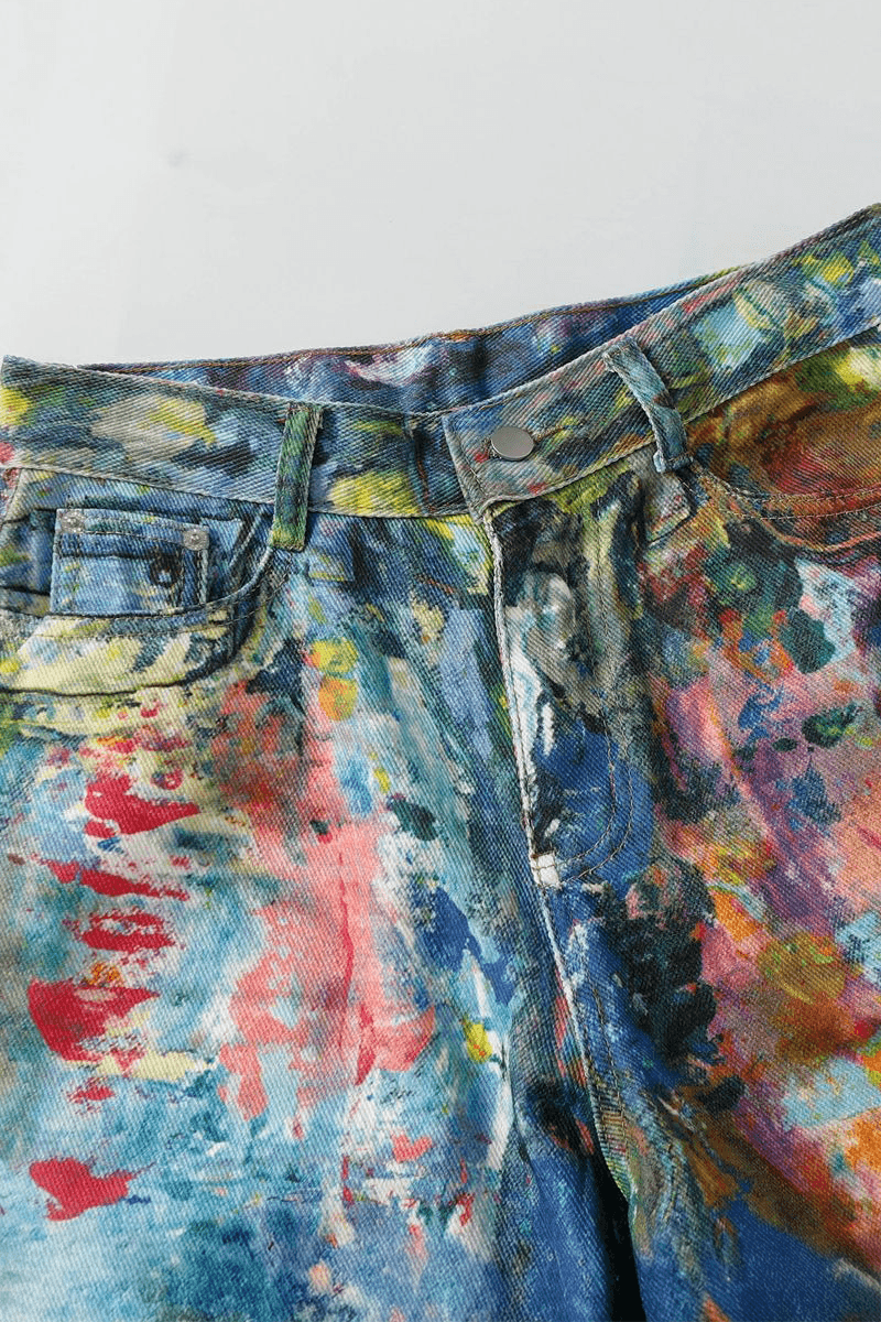 Unisex Colorblock Denim - Oil Painting Effect Relaxed Fit Pants - 4inme