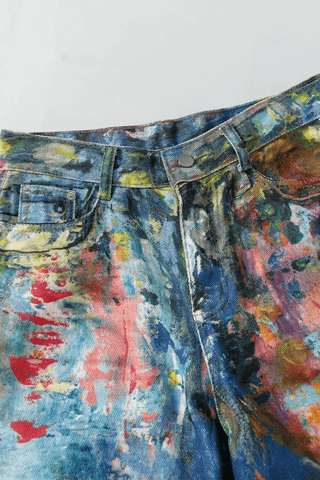 Unisex Colorblock Denim - Oil Painting Effect Relaxed Fit Pants - 4inme