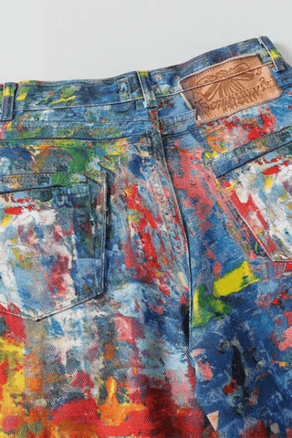 Unisex Colorblock Denim - Oil Painting Effect Relaxed Fit Pants - 4inme