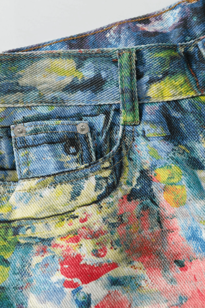 Unisex Colorblock Denim - Oil Painting Effect Relaxed Fit Pants - 4inme