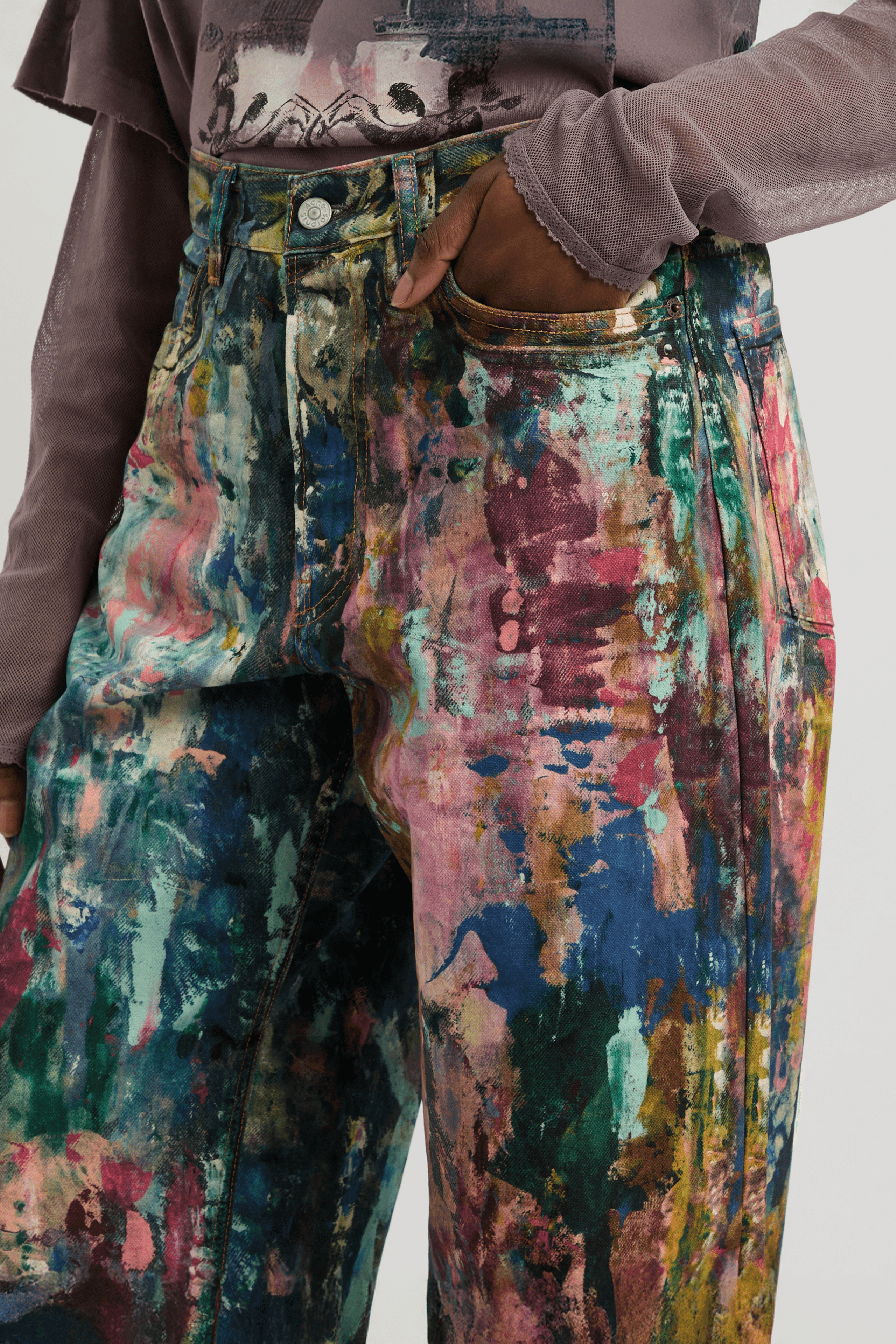 Unisex Colorblock Denim - Oil Painting Effect Relaxed Fit Pants - 4inme