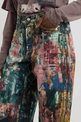 Unisex Colorblock Denim - Oil Painting Effect Relaxed Fit Pants - 4inme