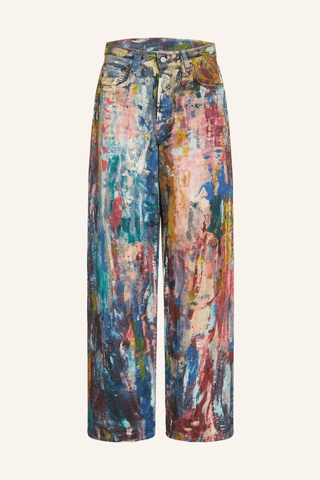 Unisex Colorblock Denim - Oil Painting Effect Relaxed Fit Pants - 4inme