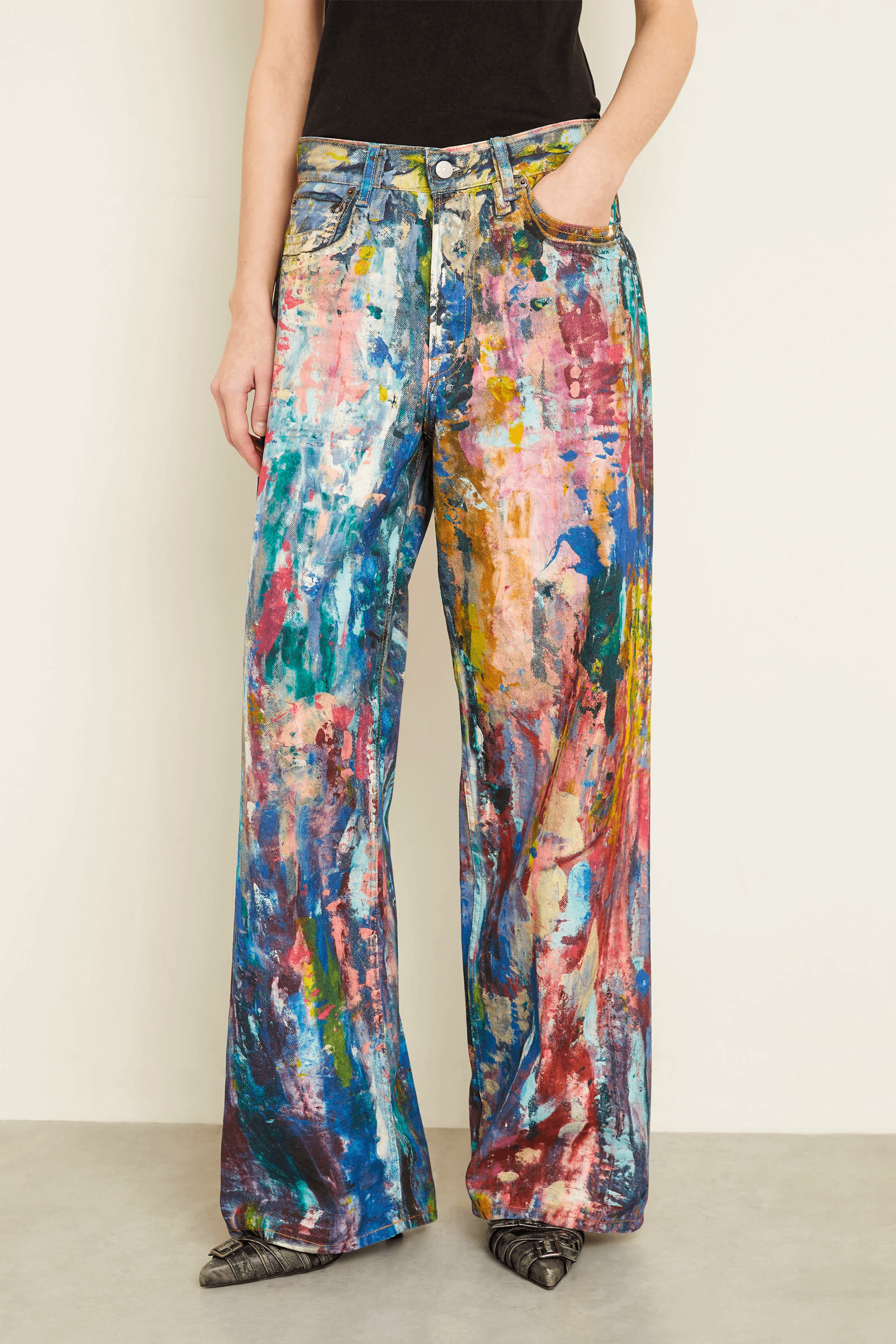 Unisex Colorblock Denim - Oil Painting Effect Relaxed Fit Pants - 4inme