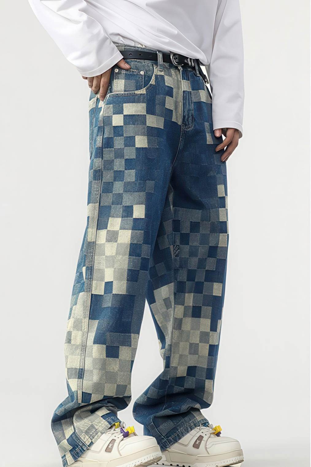 Plaid Patchwork Jeans - Oversized Wide-Leg Streetwear Pants - 4inme