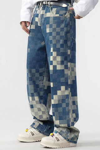 Plaid Patchwork Jeans - Oversized Wide-Leg Streetwear Pants - 4inme