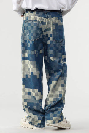 Plaid Patchwork Jeans - Oversized Wide-Leg Streetwear Pants - 4inme