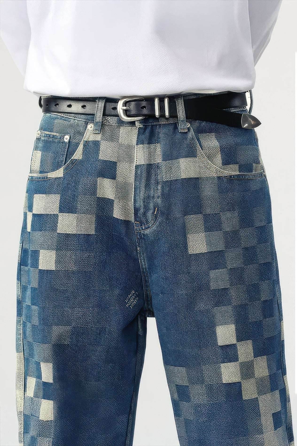 Plaid Patchwork Jeans - Oversized Wide-Leg Streetwear Pants - 4inme