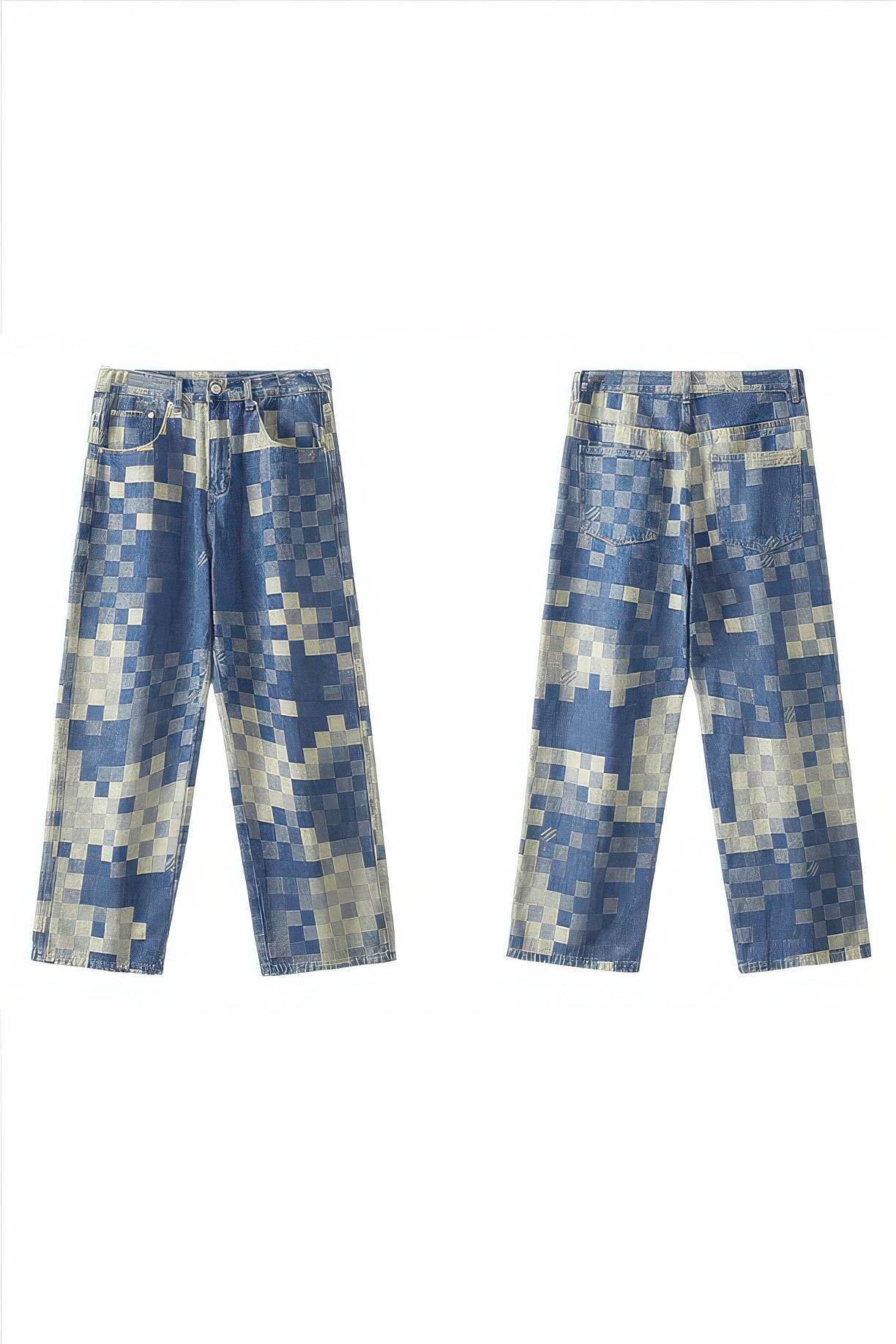 Plaid Patchwork Jeans - Oversized Wide-Leg Streetwear Pants - 4inme