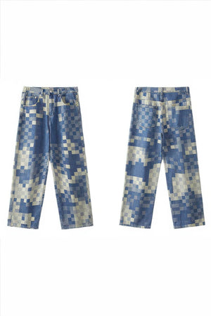 Plaid Patchwork Jeans - Oversized Wide-Leg Streetwear Pants - 4inme