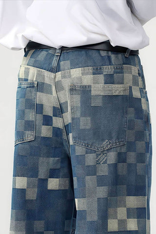 Plaid Patchwork Jeans - Oversized Wide-Leg Streetwear Pants - 4inme