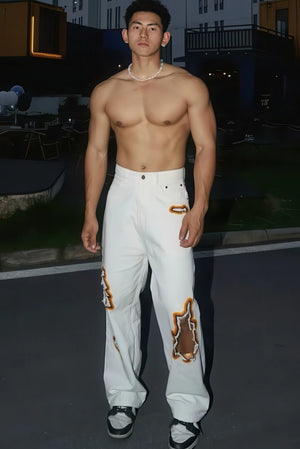 Flame Burnout Distressed Denim Jeans – Bold, Street Style Design - 4inme