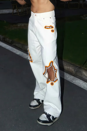 Flame Burnout Distressed Denim Jeans – Bold, Street Style Design - 4inme