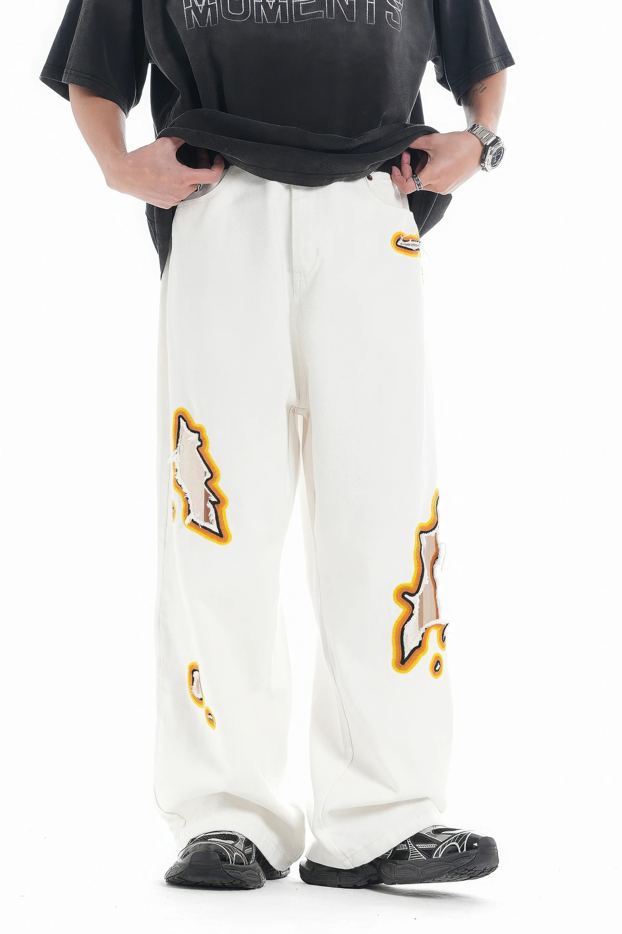 Flame Burnout Distressed Denim Jeans – Bold, Street Style Design - 4inme