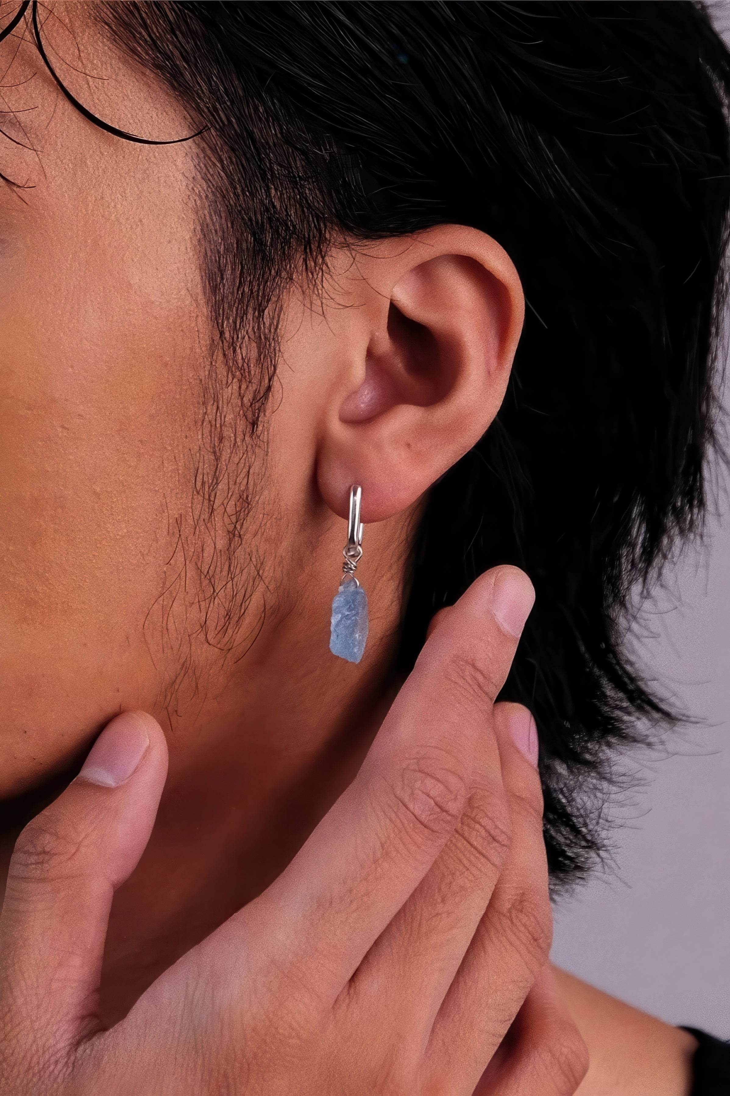 Raw Aquamarine Drop Earrings - Unique Blue Stone Design - 4inme