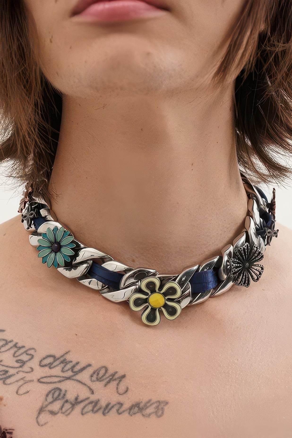 Satin Floral Cuban Chain - Unisex Ribbon Necklace Statement Piece - 4inme