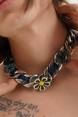 Satin Floral Cuban Chain - Unisex Ribbon Necklace Statement Piece - 4inme