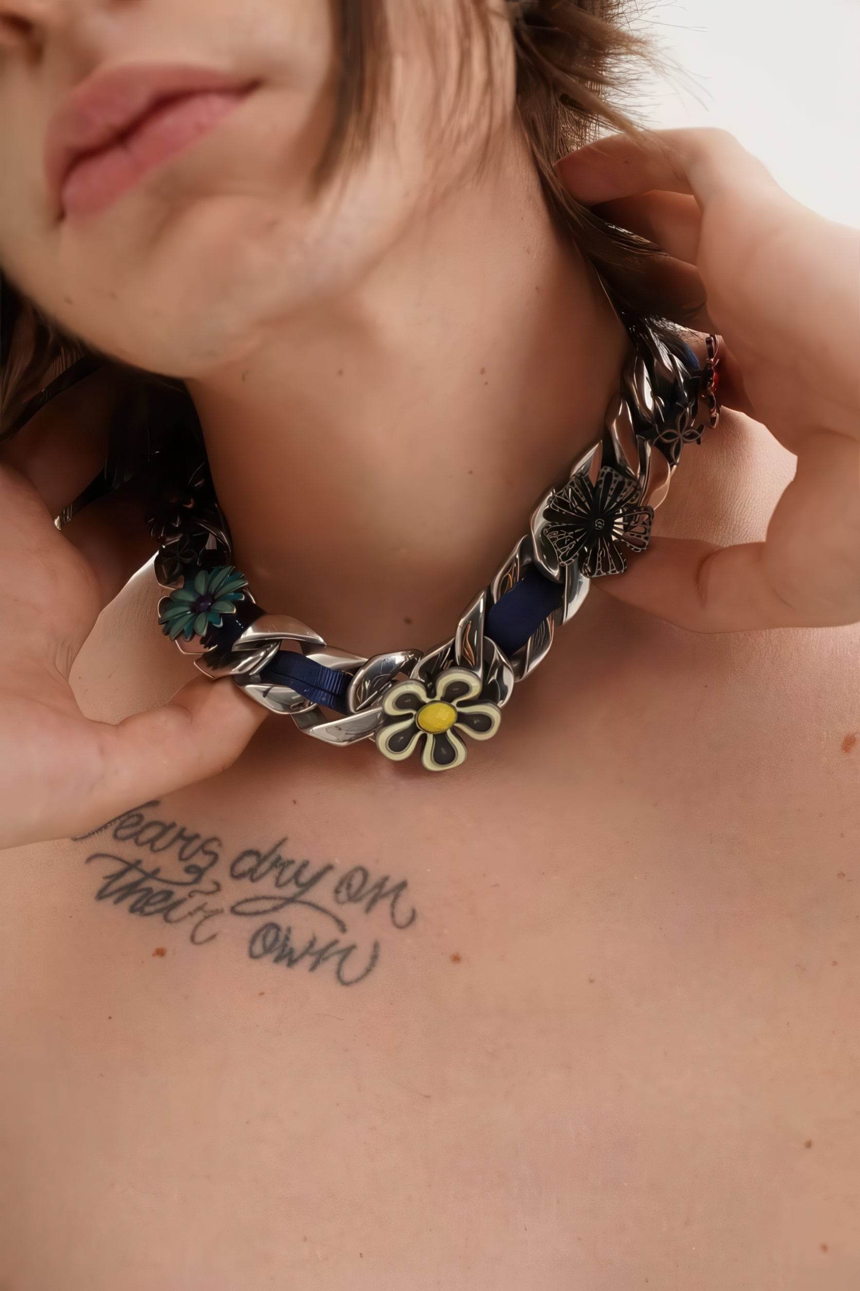 Satin Floral Cuban Chain - Unisex Ribbon Necklace Statement Piece - 4inme