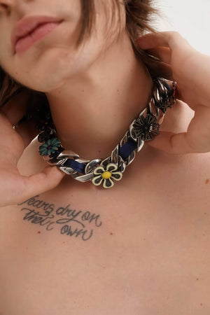 Satin Floral Cuban Chain - Unisex Ribbon Necklace Statement Piece - 4inme