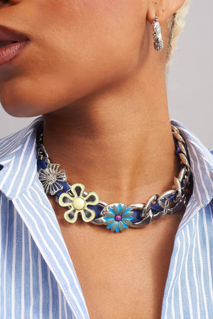 Satin Floral Cuban Chain - Unisex Ribbon Necklace Statement Piece - 4inme