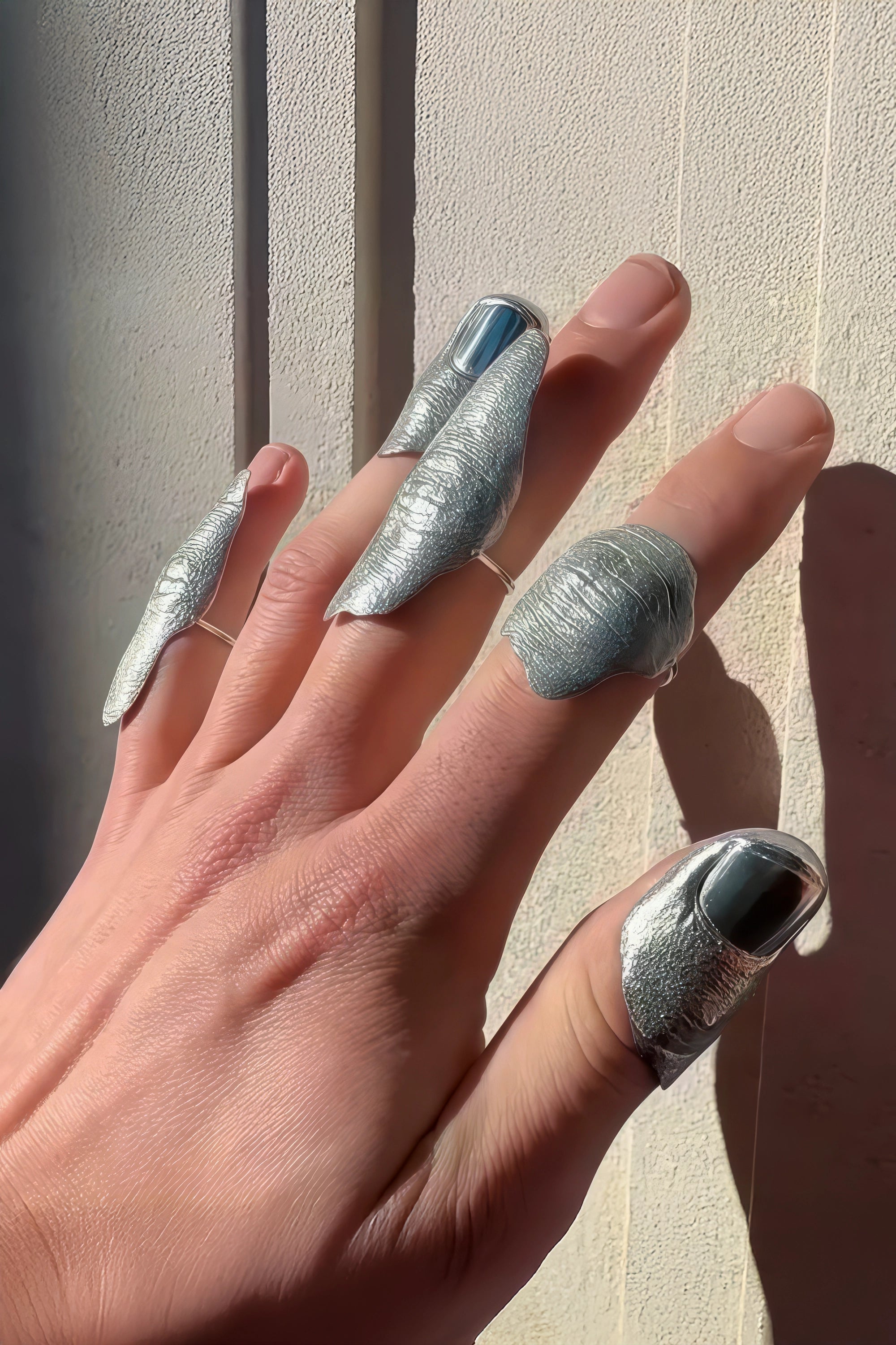 Irregular Textured Silver Knuckle Ring Set – Full Finger Minimalist Stackable Rings