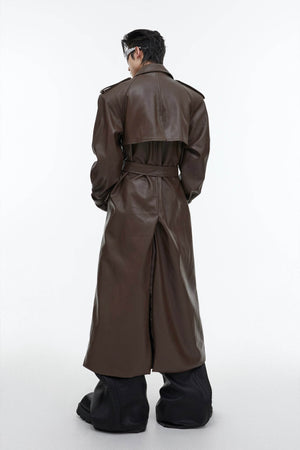 Structured PU Leather Coat - Oversized Trench with Shoulder Pads - 4inme
