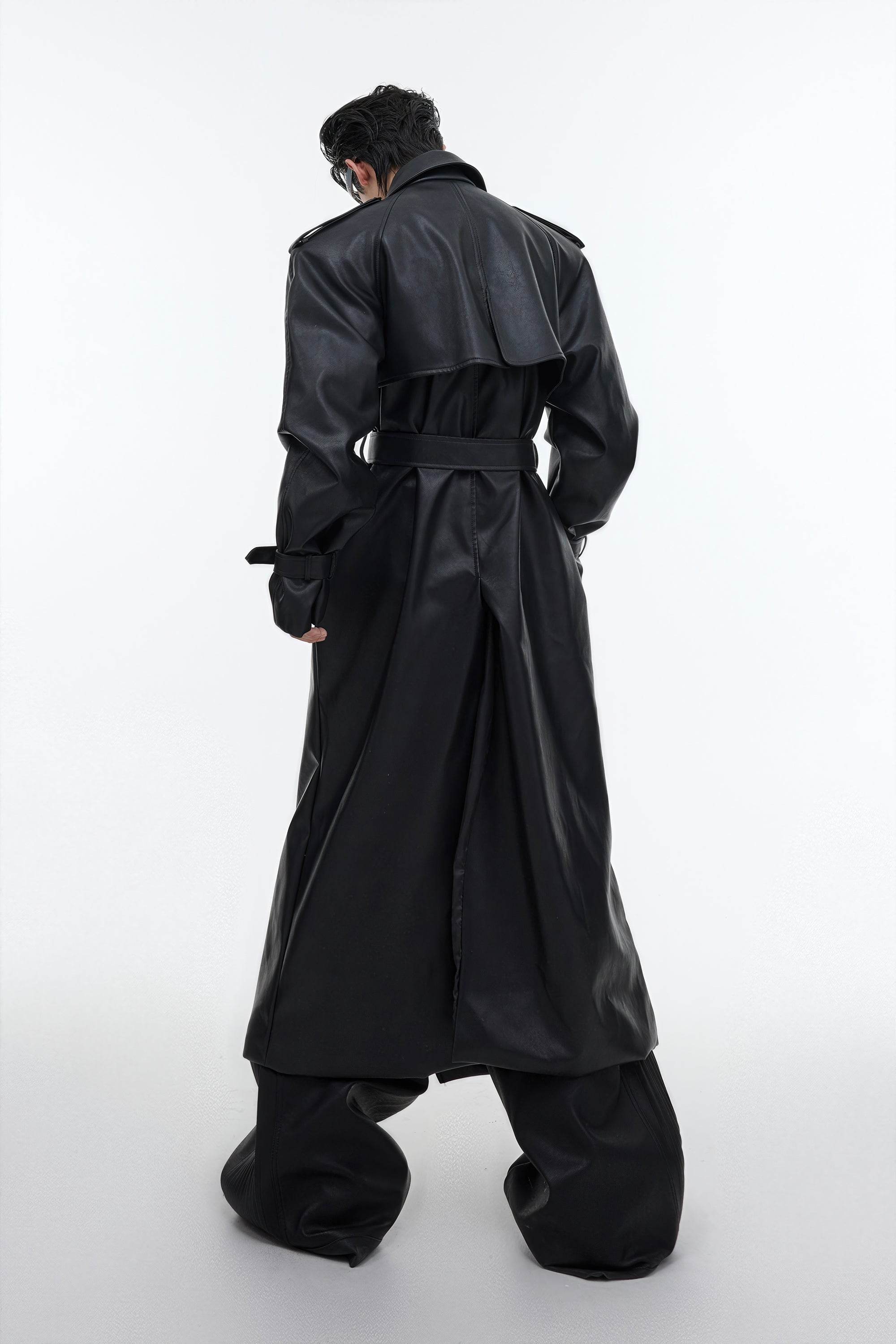 Structured PU Leather Coat - Oversized Trench with Shoulder Pads - 4inme