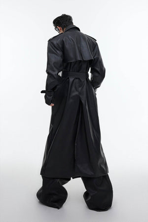 Structured PU Leather Coat - Oversized Trench with Shoulder Pads - 4inme