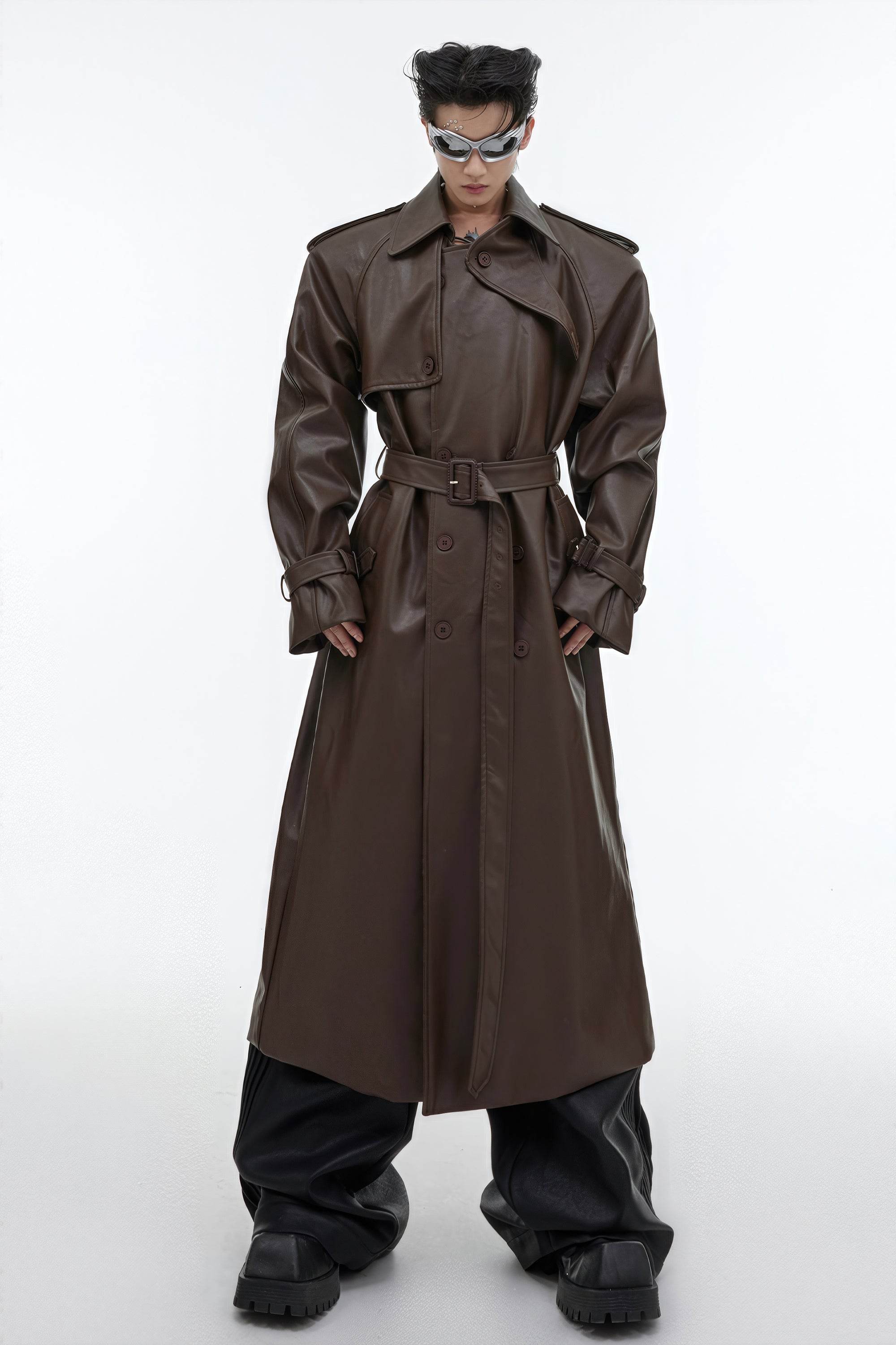 Structured PU Leather Coat - Oversized Trench with Shoulder Pads - 4inme