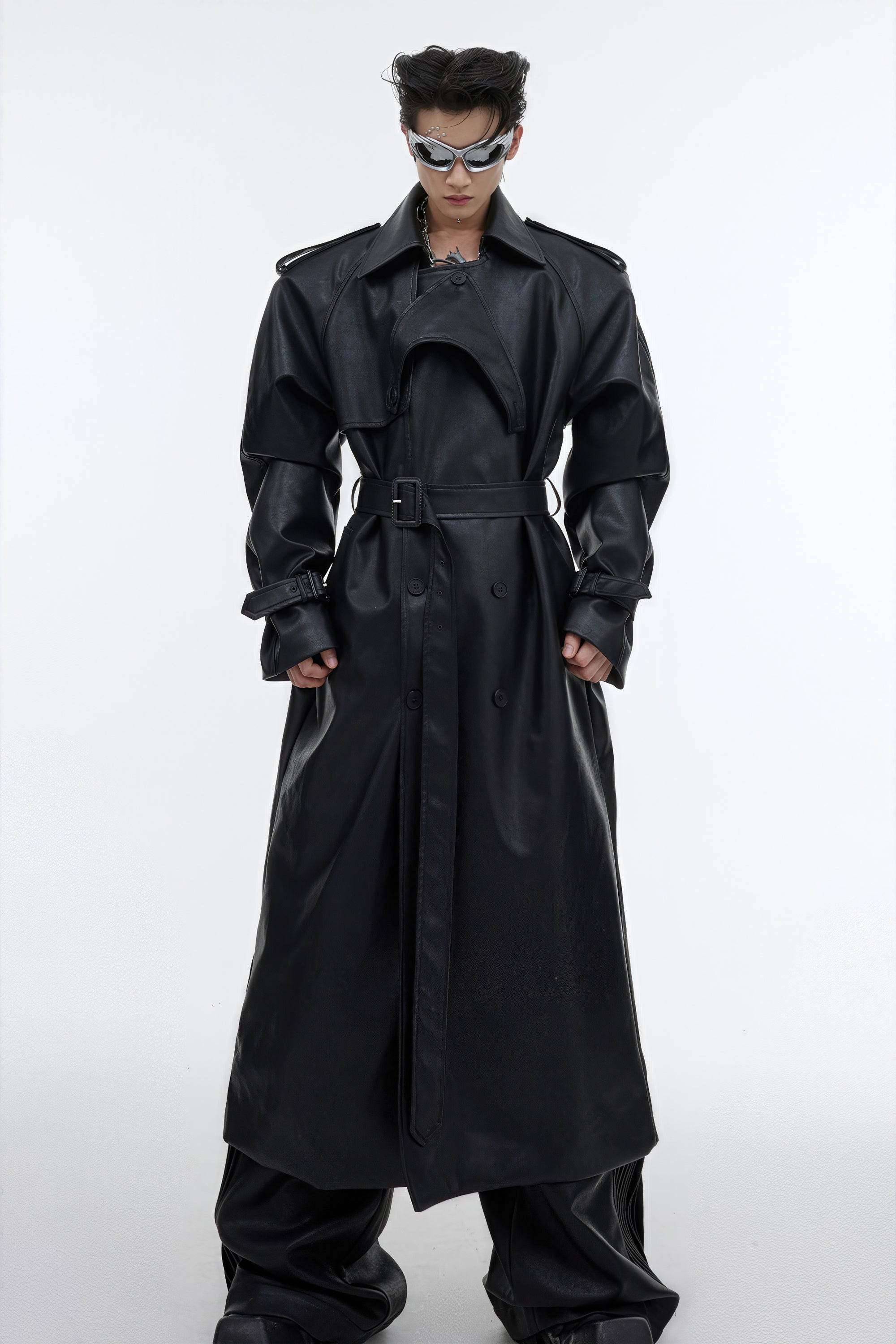 Structured PU Leather Coat - Oversized Trench with Shoulder Pads - 4inme