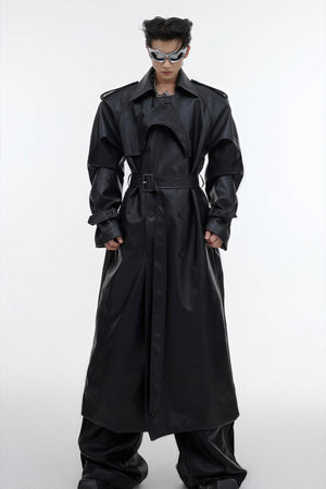 Structured PU Leather Coat - Oversized Trench with Shoulder Pads - 4inme