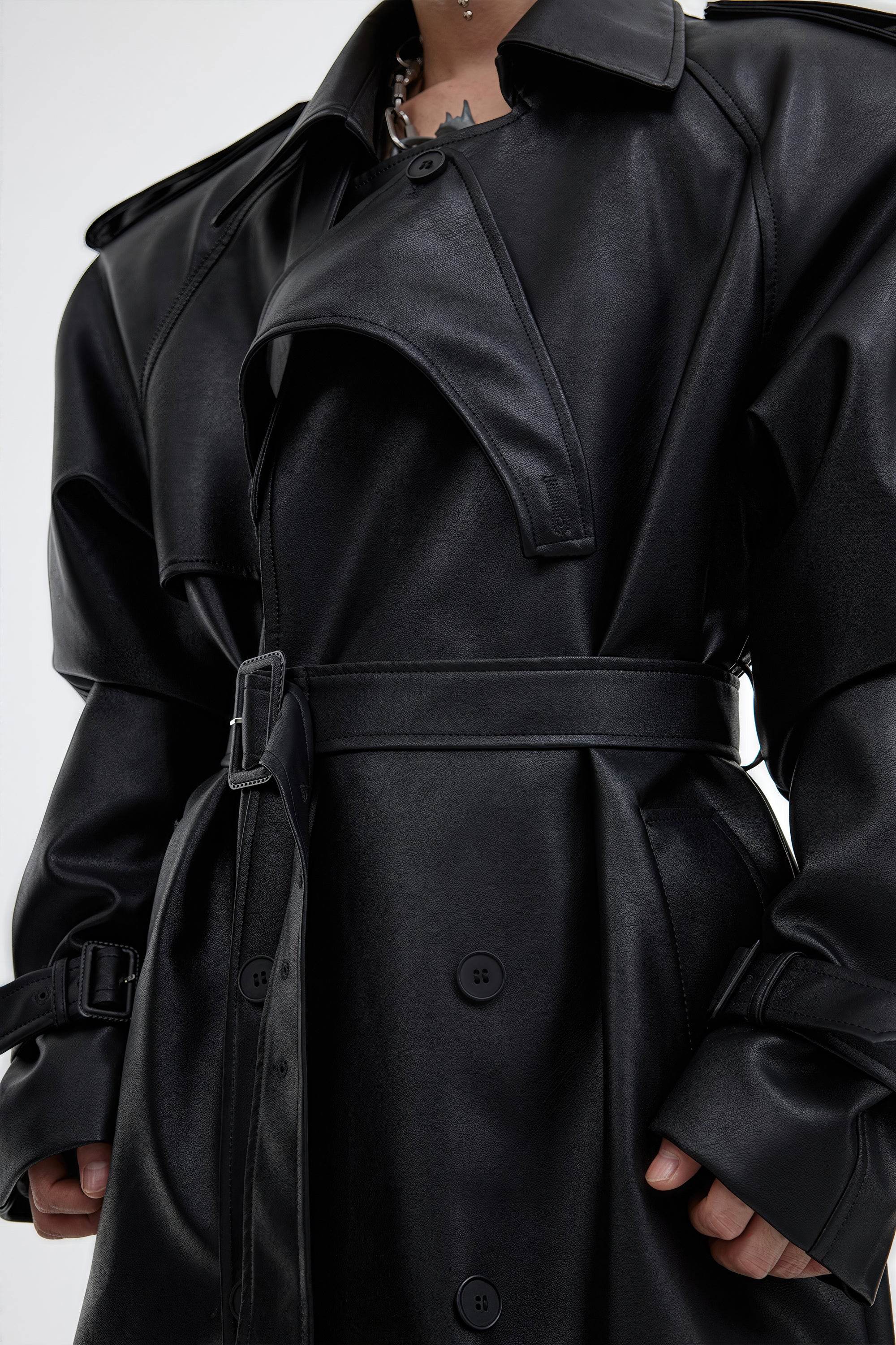 Structured PU Leather Coat - Oversized Trench with Shoulder Pads - 4inme