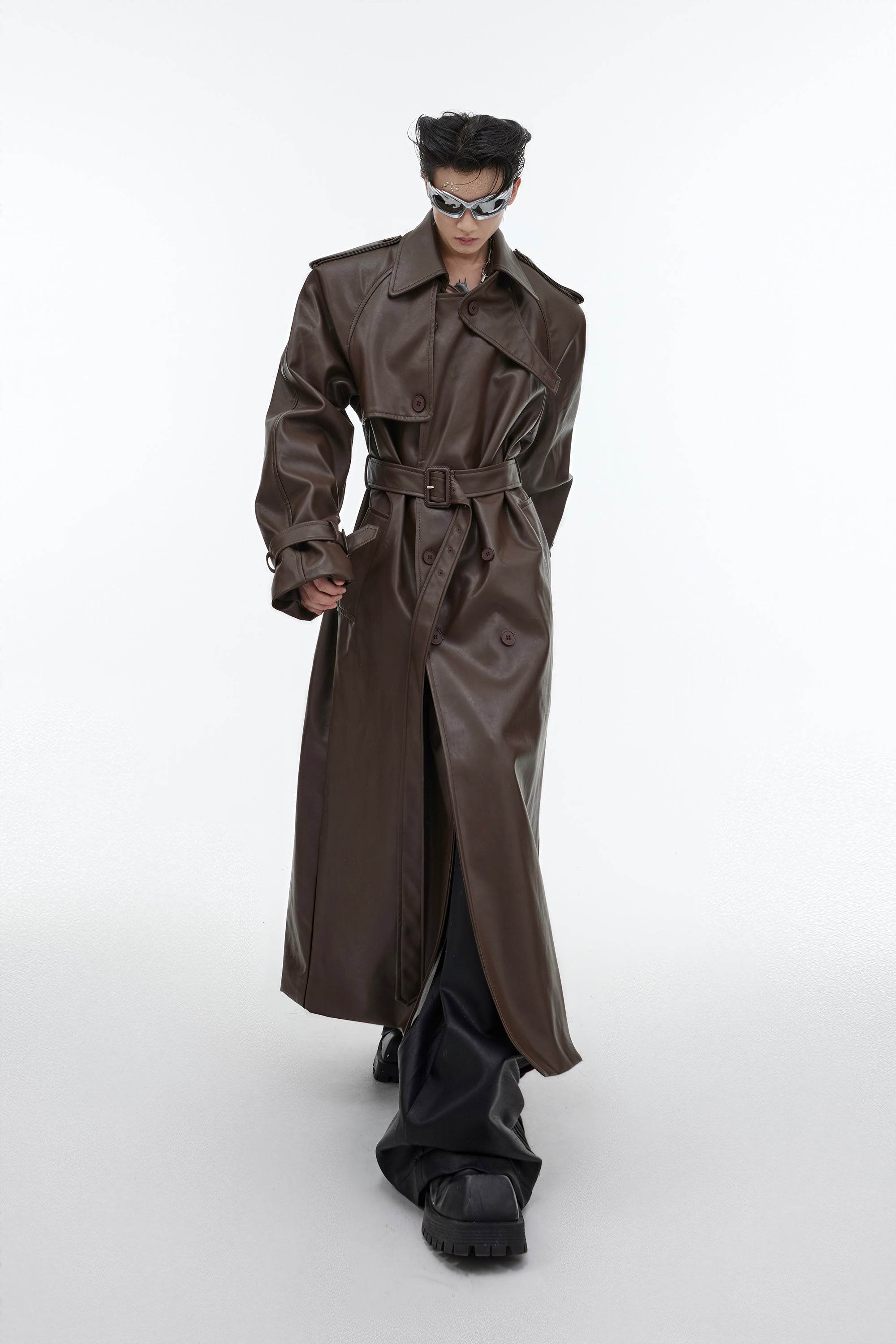 Structured PU Leather Coat - Oversized Trench with Shoulder Pads - 4inme