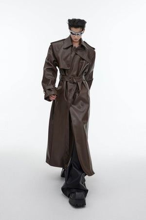 Structured PU Leather Coat - Oversized Trench with Shoulder Pads - 4inme