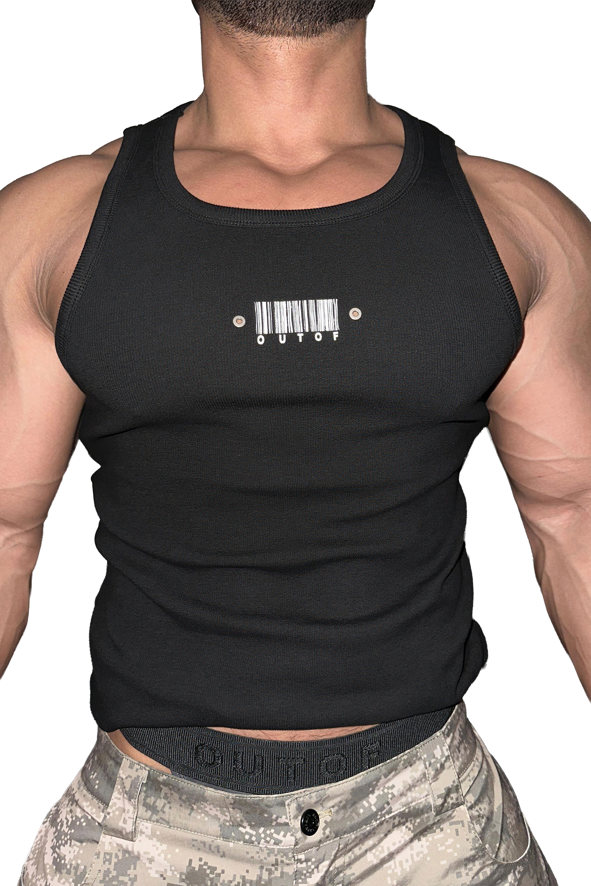 メンズ ストレッチ ジムウェア リブ付きノースリーブタンクトップ スタッド刺繍付き 