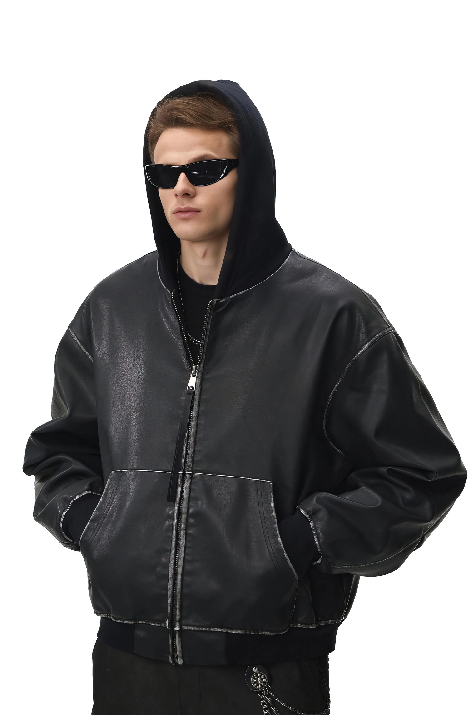 ウォッシュドレザーフード付きジャケット - ヴィンテージアメリカンストリートスタイル