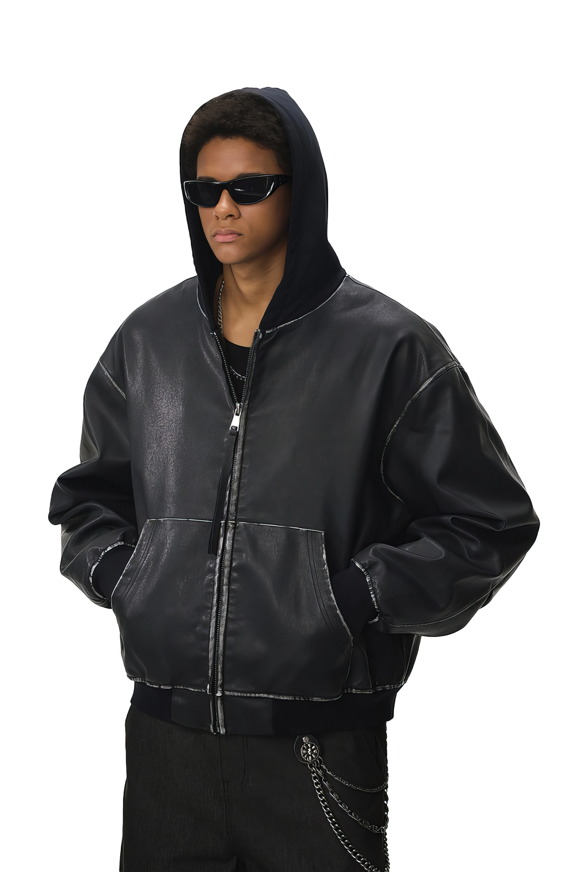 ウォッシュドレザーフード付きジャケット - ヴィンテージアメリカンストリートスタイル