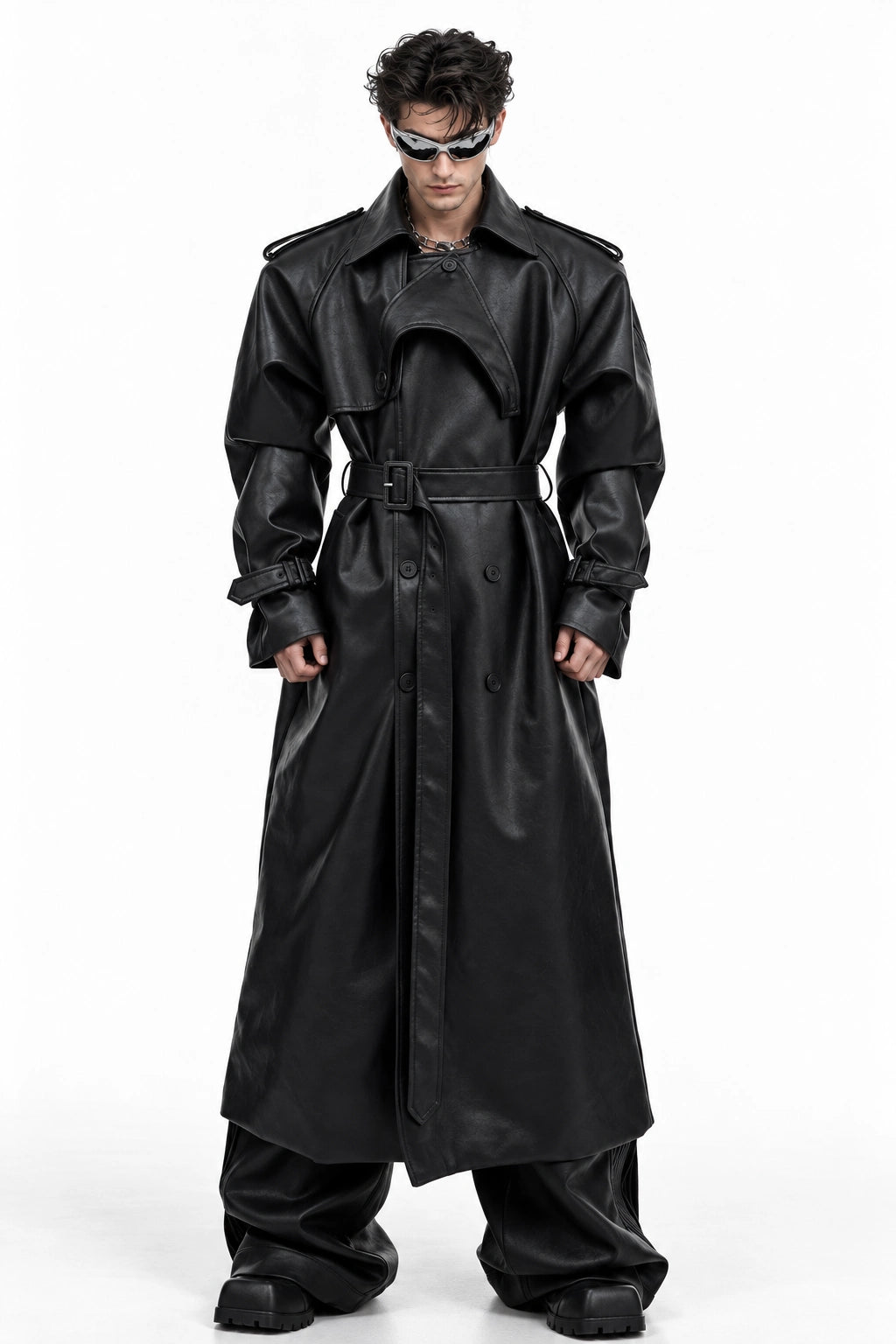 Casaco de Couro PU Estruturado - Trench Oversized com Protetores de Ombro 