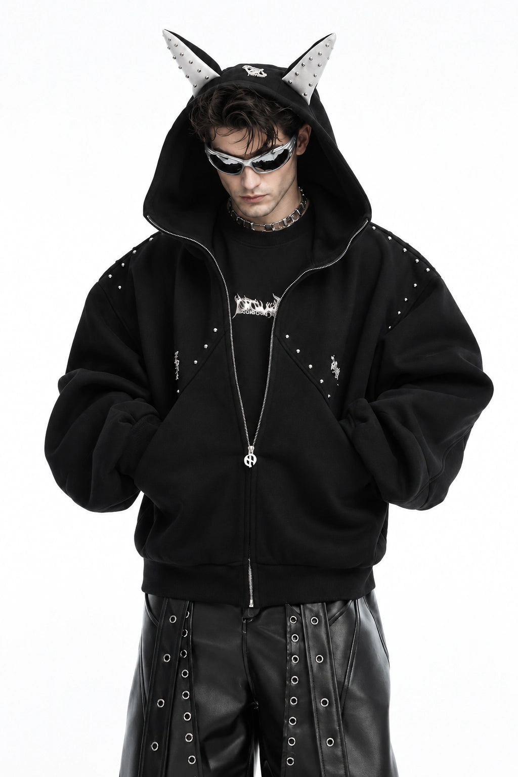 Doberman Dog Hooded Jacket with Rivet Accents