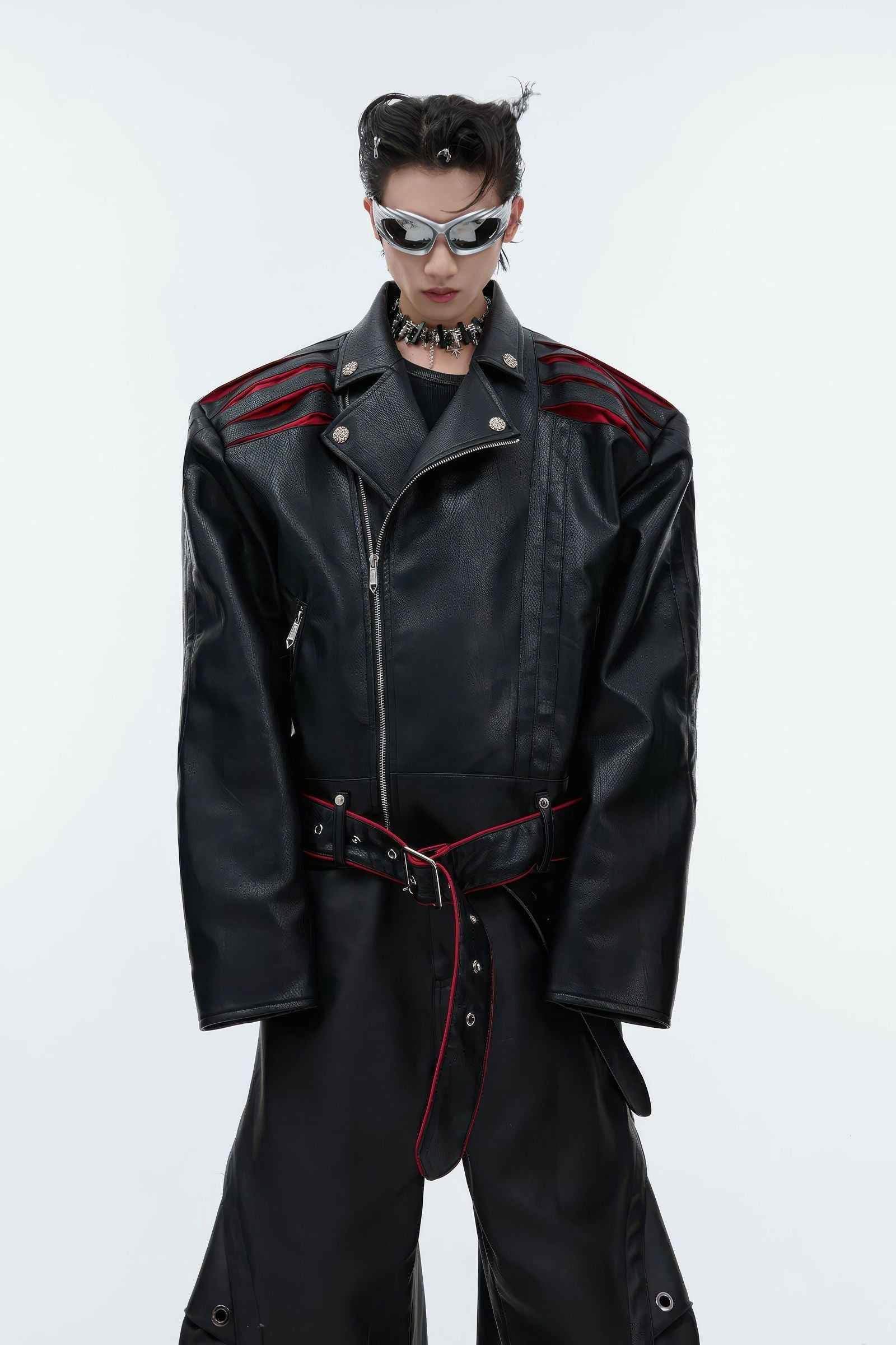 Short Deconstructed Biker Leather Jacket - Pleated Spine and Heavy Stitching - 4inme