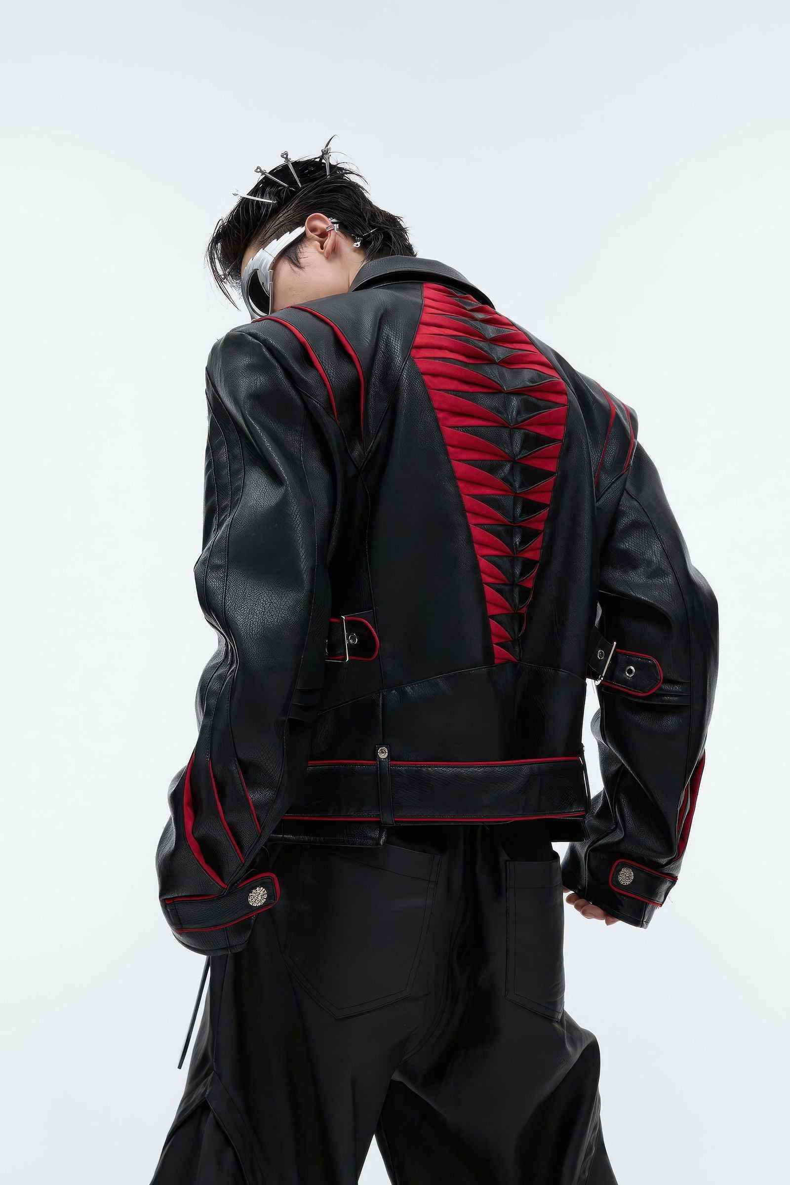 Short Deconstructed Biker Leather Jacket - Pleated Spine and Heavy Stitching - 4inme