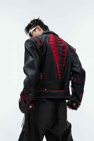 Short Deconstructed Biker Leather Jacket - Pleated Spine and Heavy Stitching - 4inme