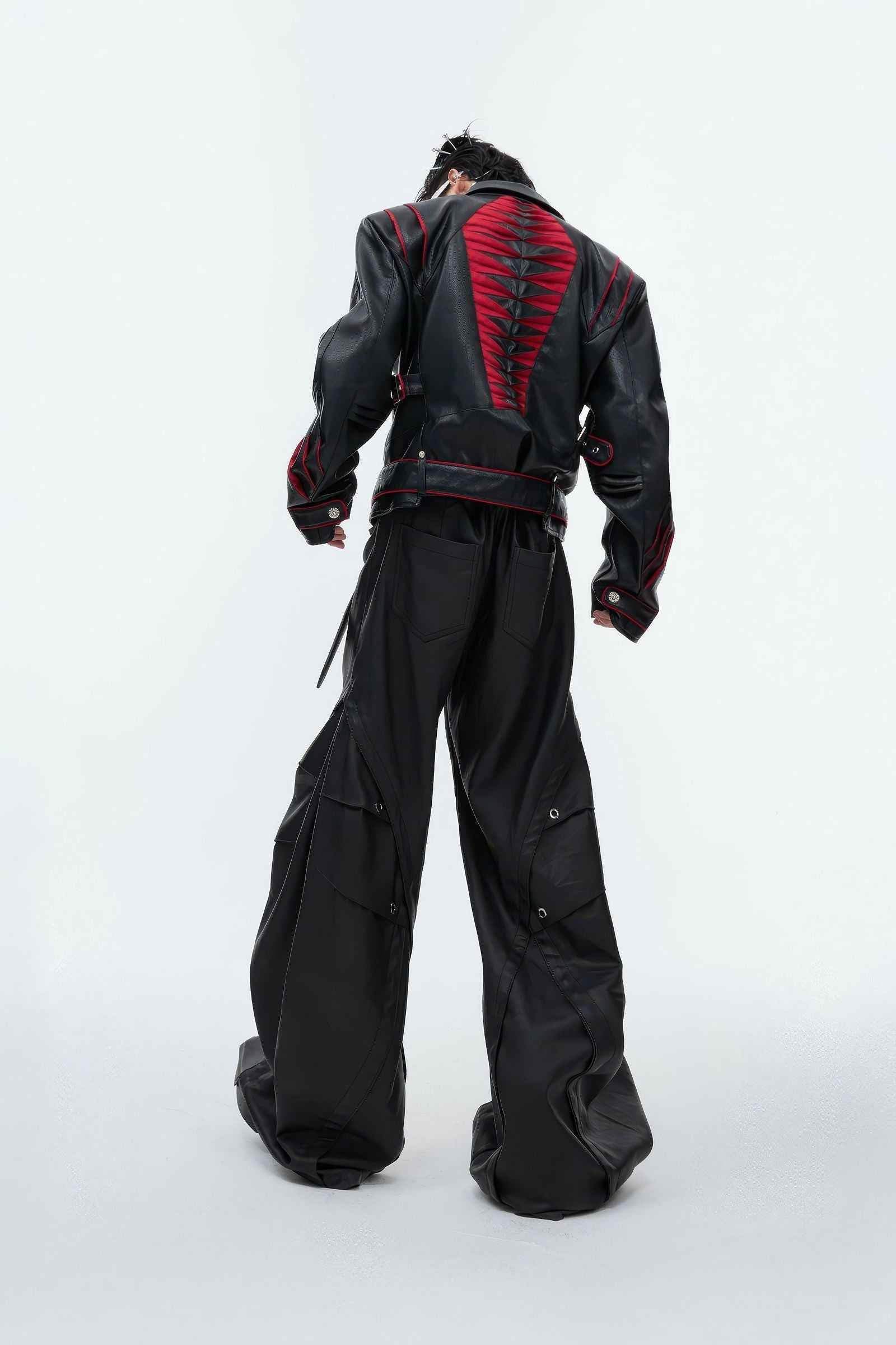 Short Deconstructed Biker Leather Jacket - Pleated Spine and Heavy Stitching - 4inme