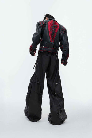 Short Deconstructed Biker Leather Jacket - Pleated Spine and Heavy Stitching - 4inme