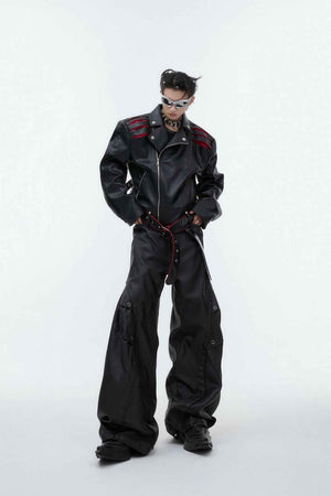 Short Deconstructed Biker Leather Jacket - Pleated Spine and Heavy Stitching - 4inme