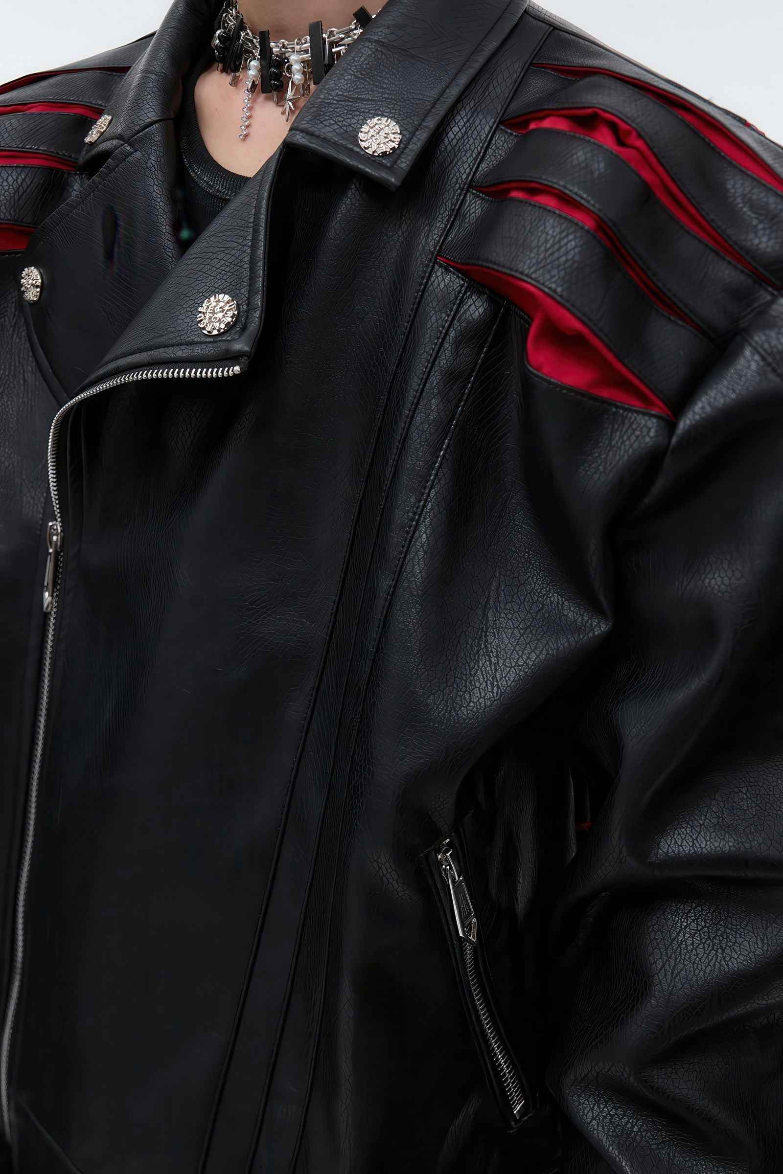Short Deconstructed Biker Leather Jacket - Pleated Spine and Heavy Stitching - 4inme