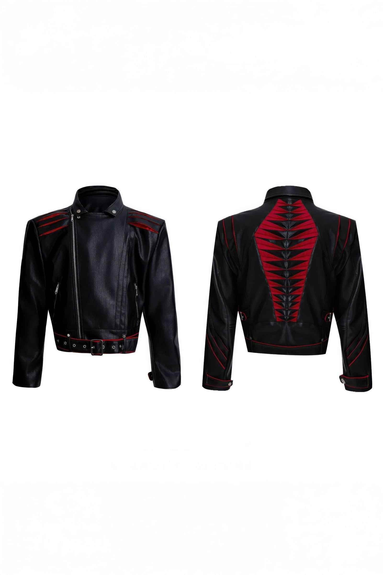 Short Deconstructed Biker Leather Jacket - Pleated Spine and Heavy Stitching - 4inme