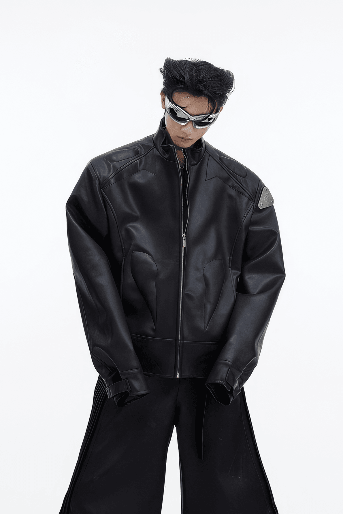 Short Leather Jacket – Modern Sculptural Design with Metal Logo - 4inme